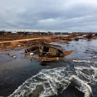 Flooded Wooden House in Village