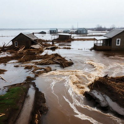 Flooded Village Houses Debris