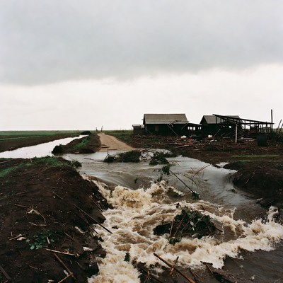 Flooded rural road and farmhouses