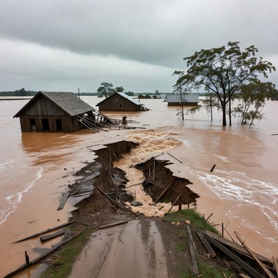 Flooded Wooden Houses and Collapsed Road