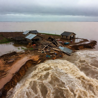 Flood Destroyed Houses on Riverbank
