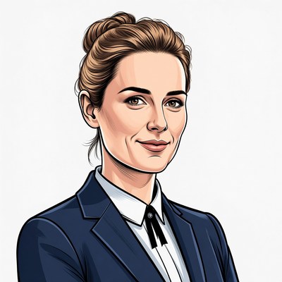 Woman in navy suit with bun hairstyle