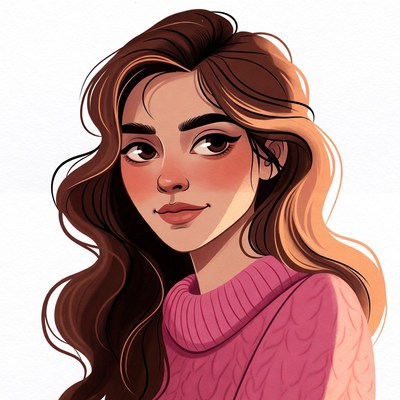 Woman with brown wavy hair in pink sweater