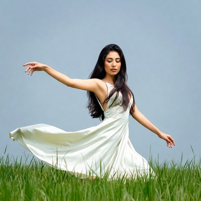 Asian woman dancing in white dress on grass