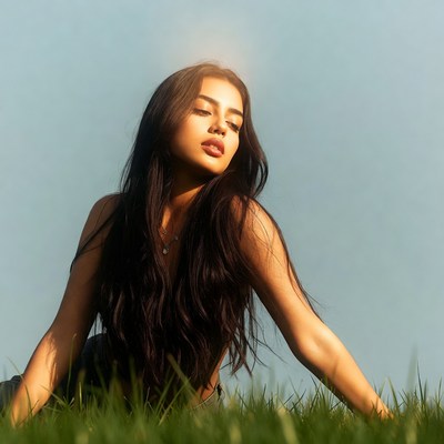 Beautiful woman lying in green grass
