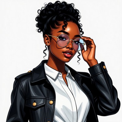 African-American woman in sunglasses and leather jacket