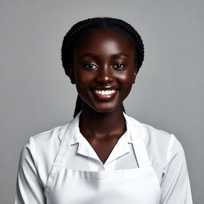 African-American woman in white chef uniform
