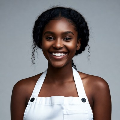 Smiling Black woman in white apron