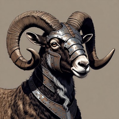 Armored Ram Wearing Metal Helmet