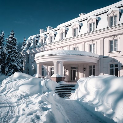 Snowy European Mansion in Winter