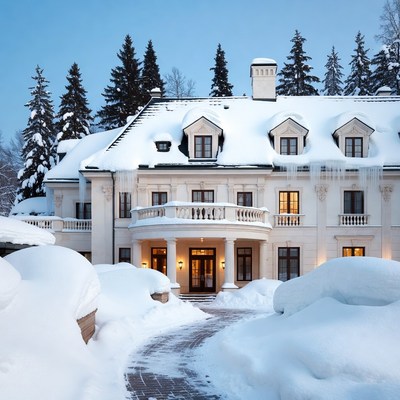 Snowy Mansion with Icicles and Pine Trees