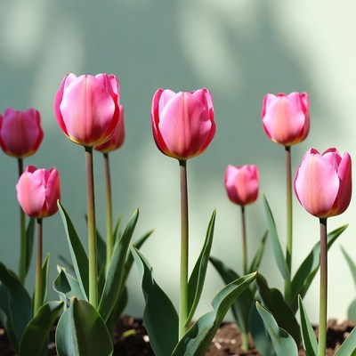 Pink tulips on green background