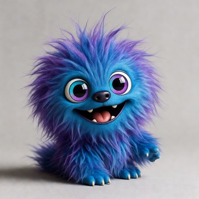 Cute fluffy blue monster smiling