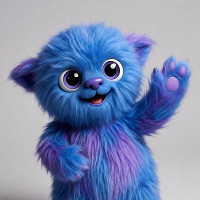 Blue furry cat waving hello