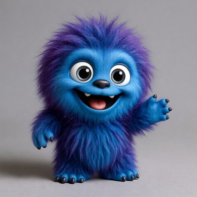 Cute blue furry monster waving
