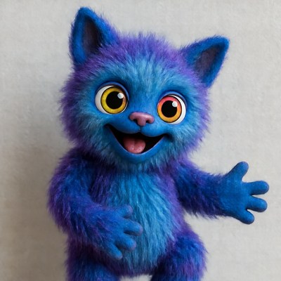 Purple fluffy cat waving happily