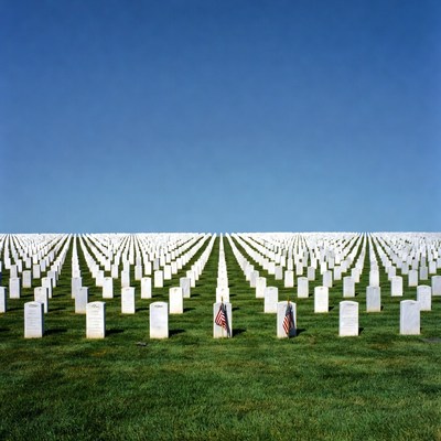 Rows of white gravestones with American flags