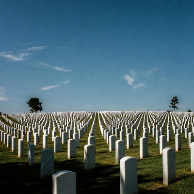 Rows of white gravestones in cemetery
