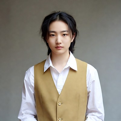 Asian young man in beige vest
