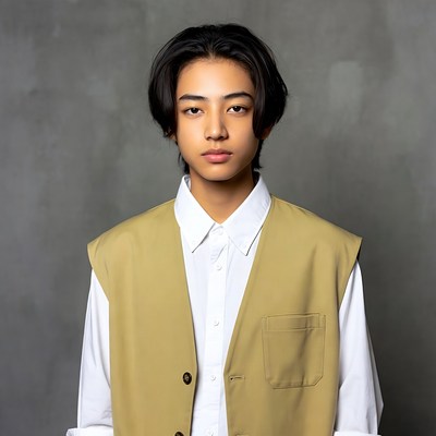 Asian young man in beige vest