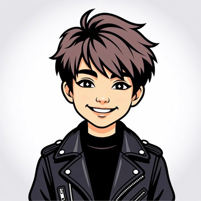 Anime boy smiling in leather jacket
