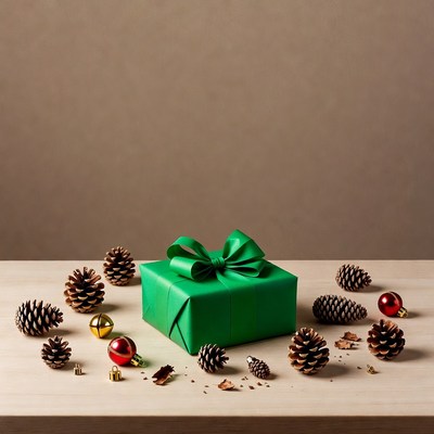Green Gift Box with Pine Cones