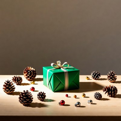 Green Christmas gift with pinecones