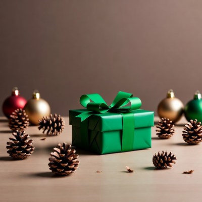 Green Wrapped Christmas Gift with Pine Cones