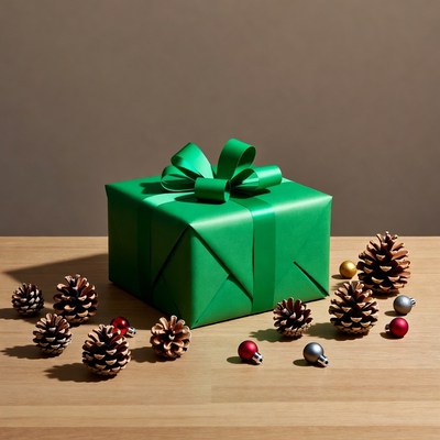 Green Wrapped Christmas Gift with Pine Cones