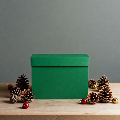 Green gift box with Christmas pinecones