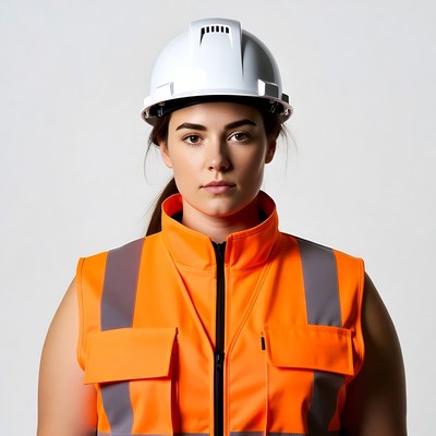 Woman wearing hard hat and hi-vis vest