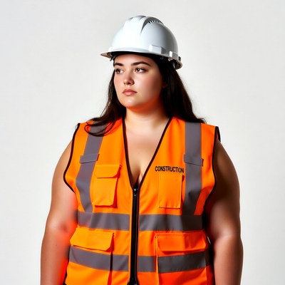 Curvy woman in construction vest and helmet