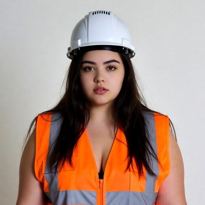 Curvy woman in hard hat and hi-vis vest