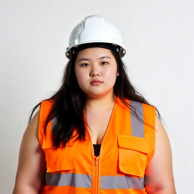 Asian woman in hard hat and vest