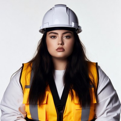 Curvy woman in hard hat and vest