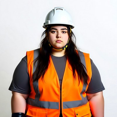 Plus-size woman in safety vest and helmet