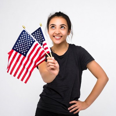 Asian girl holding American flags