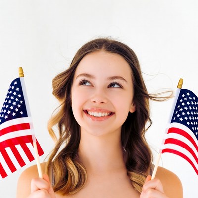 Young woman holding American flags