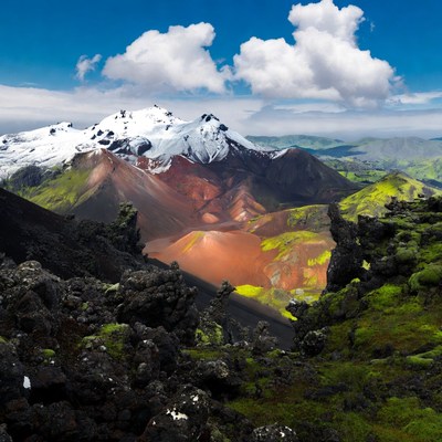 Snow-capped mountains with colorful valleys