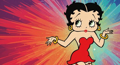 Betty Boop in red dress with rainbow burst