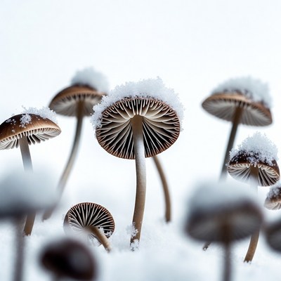Snow-Covered Mushrooms on White Background