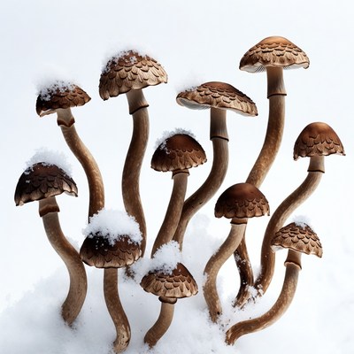 Snow-Covered Mushrooms on White Background