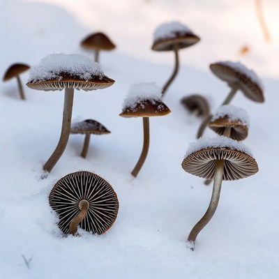 Snow-Covered Mushrooms in Forest Snow