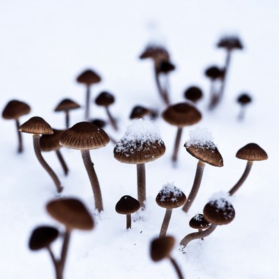 Snow-covered mushrooms in winter snow