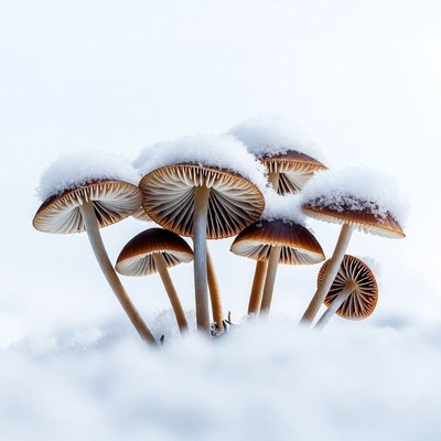 Snow-Covered Mushrooms on White Background