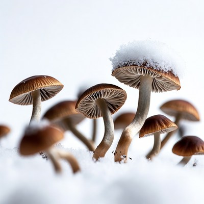Snow-Covered Mushrooms on White Background
