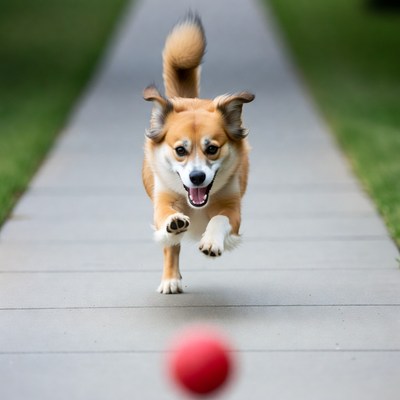 Dog chasing red ball on sidewalk