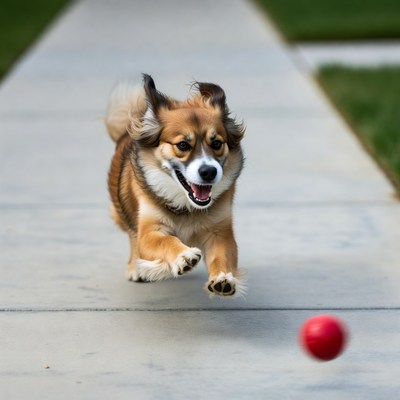 Dog chasing red ball on sidewalk