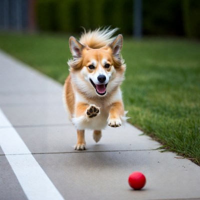 Pomeranian chasing red ball