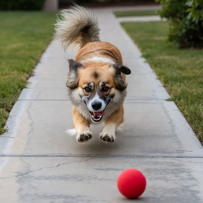 Corgi chasing red ball on walkway